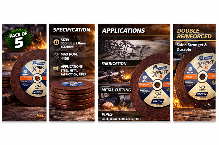 Promotional graphic for a pack of 5 diamond discs with specifications and applications highlighted.