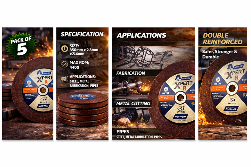 Promotional graphic for a pack of 5 diamond discs with specifications and applications highlighted.