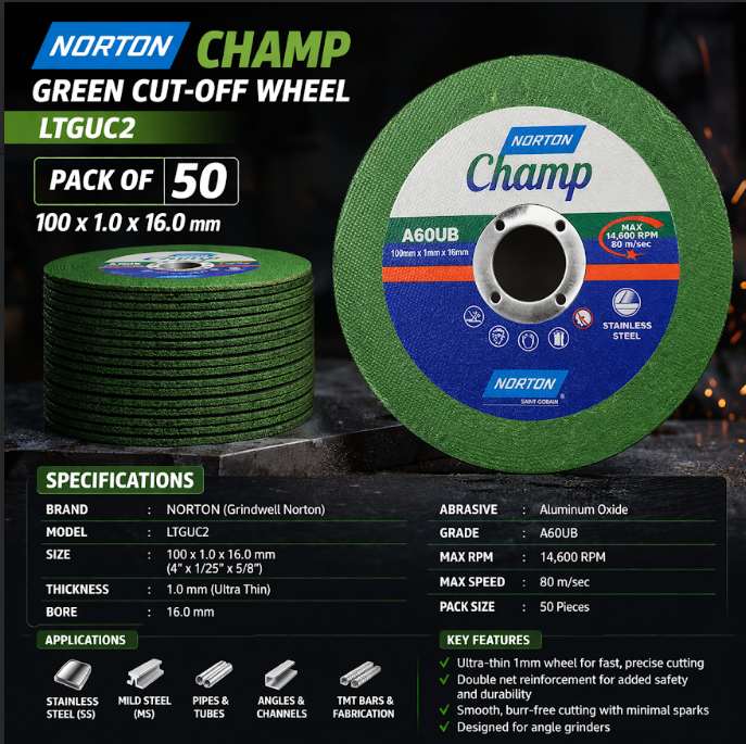 Norton Champ green cut-off wheel with specifications and branding details on a dark background